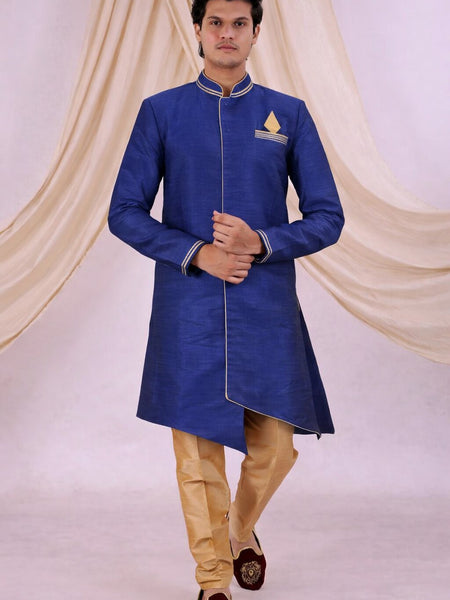 Blue Silk Blend Sherwani Set with White Pyjama for Men - DBMS1049