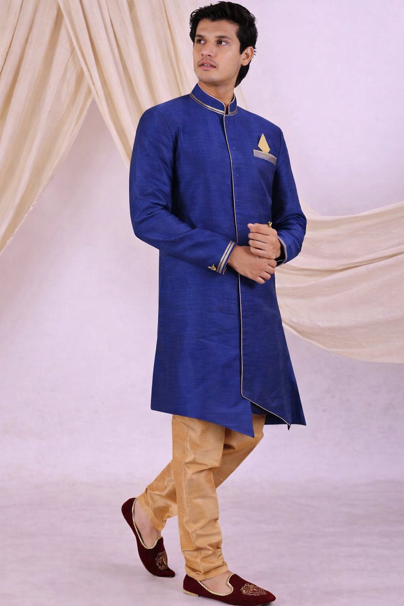 Blue Silk Blend Sherwani Set with White Pyjama for Men - DBMS1049