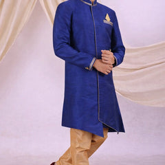 Blue Silk Blend Sherwani Set with White Pyjama for Men - DBMS1049
