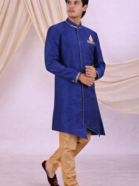 Blue Silk Blend Sherwani Set with White Pyjama for Men - DBMS1049