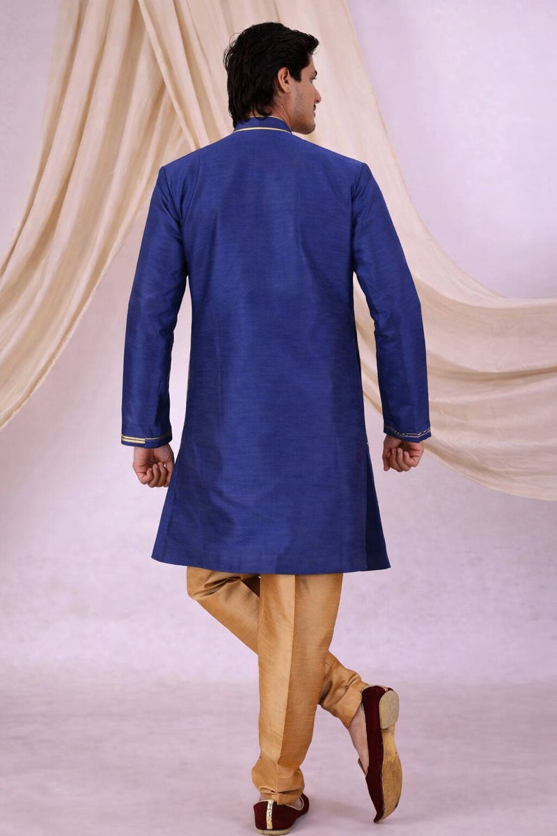 Blue Silk Blend Sherwani Set with White Pyjama for Men - DBMS1049