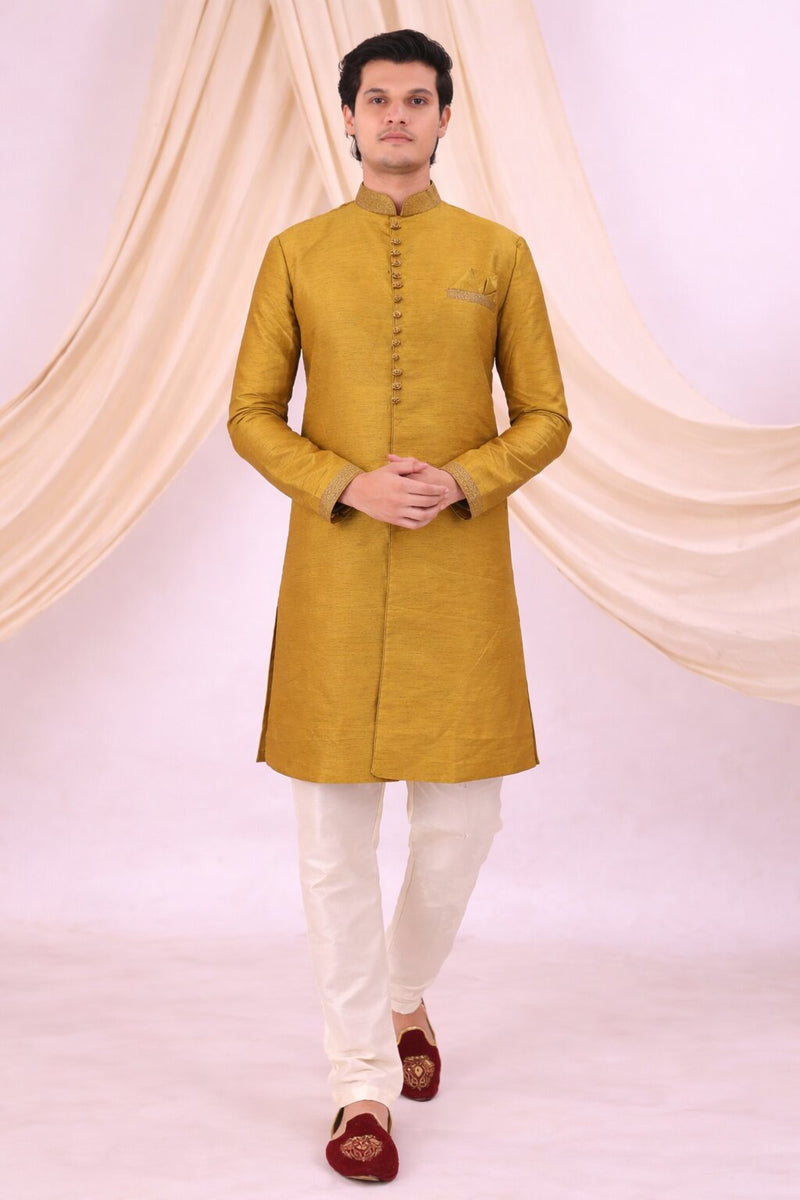 Yellow Silk Blend Sherwani Set with White Pyjama for Men - DBMS1053