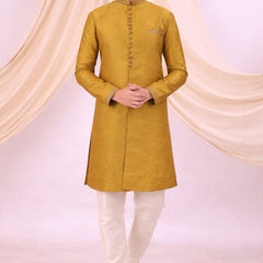 Yellow Silk Blend Sherwani Set with White Pyjama for Men - DBMS1053