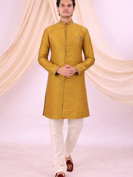 Yellow Silk Blend Sherwani Set with White Pyjama for Men - DBMS1053