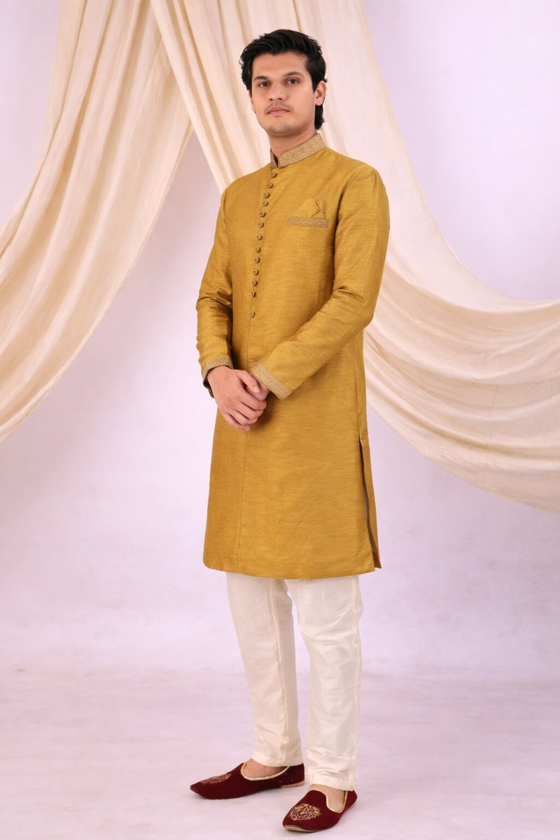 Yellow Silk Blend Sherwani Set with White Pyjama for Men - DBMS1053
