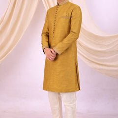 Yellow Silk Blend Sherwani Set with White Pyjama for Men - DBMS1053