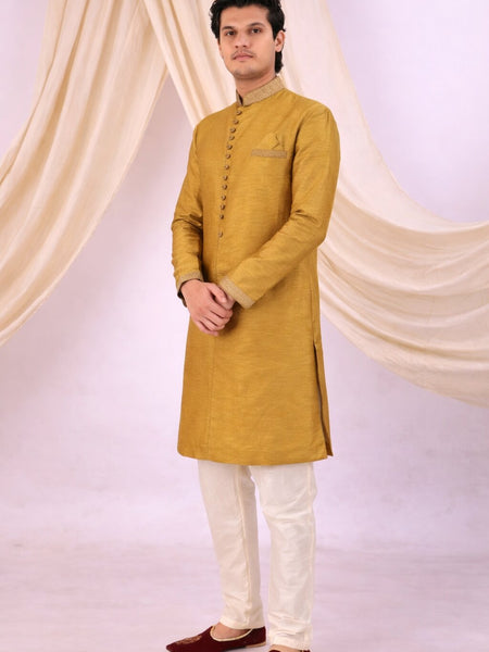 Yellow Silk Blend Sherwani Set with White Pyjama for Men - DBMS1053