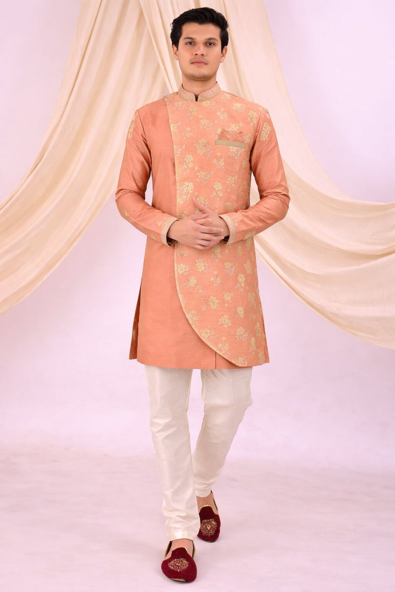 Peach Silk Blend Sherwani Set with White Pyjama for Men - DBMS1059