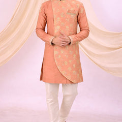 Peach Silk Blend Sherwani Set with White Pyjama for Men - DBMS1059