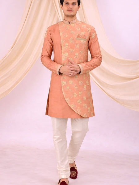 Peach Silk Blend Sherwani Set with White Pyjama for Men - DBMS1059