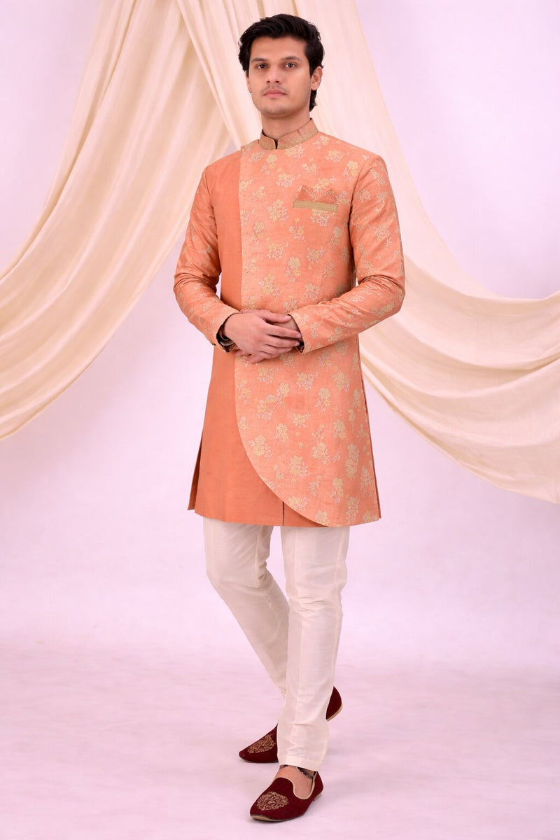 Peach Silk Blend Sherwani Set with White Pyjama for Men - DBMS1059