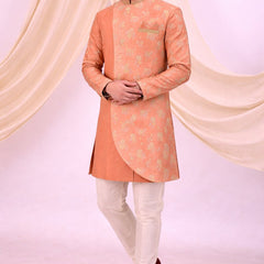 Peach Silk Blend Sherwani Set with White Pyjama for Men - DBMS1059