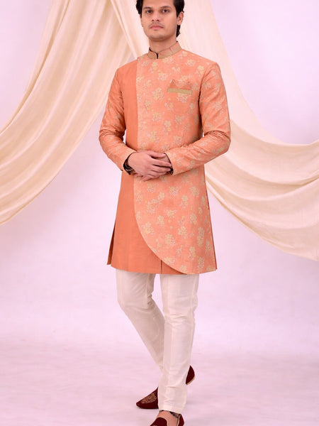 Peach Silk Blend Sherwani Set with White Pyjama for Men - DBMS1059