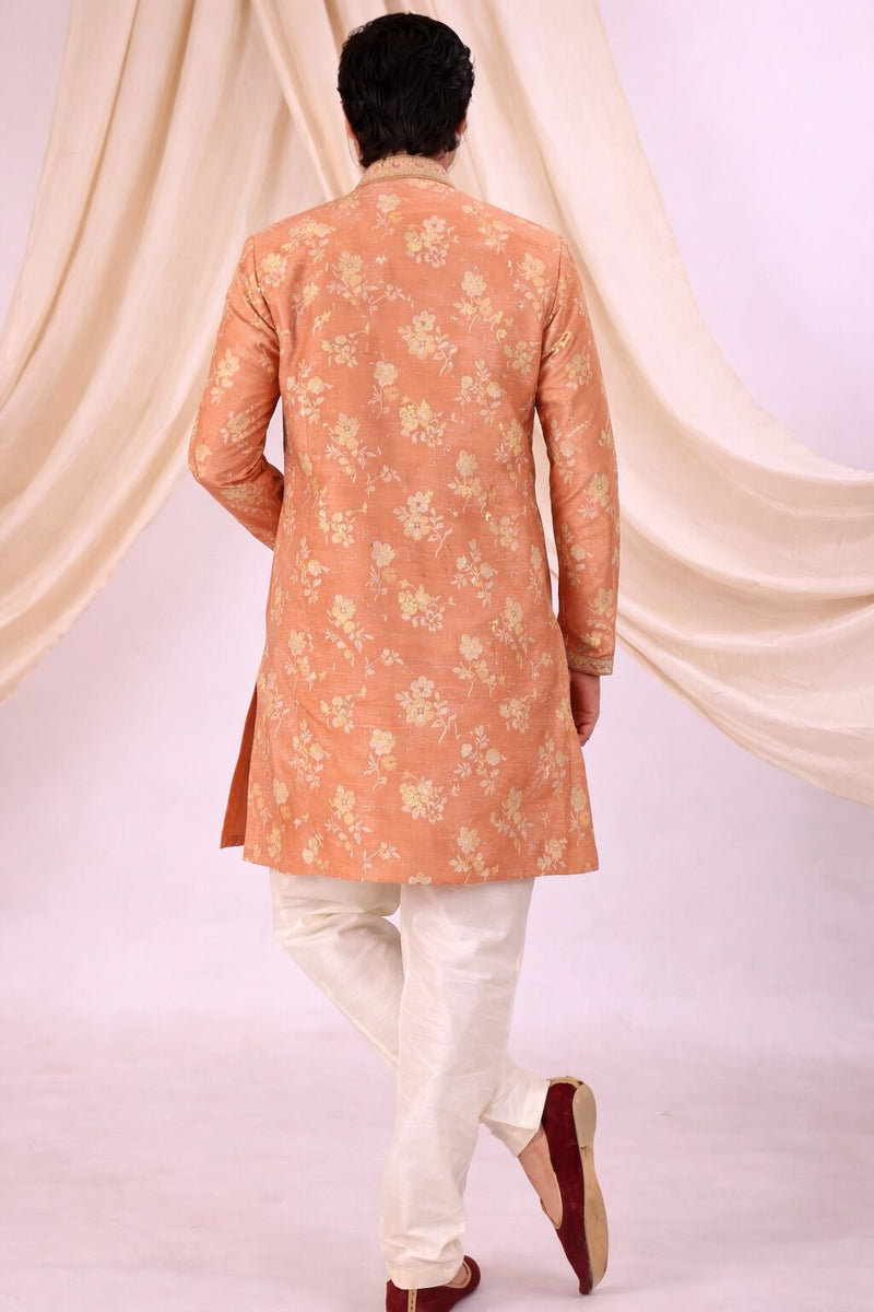 Peach Silk Blend Sherwani Set with White Pyjama for Men - DBMS1059
