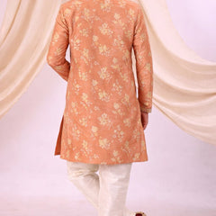 Peach Silk Blend Sherwani Set with White Pyjama for Men - DBMS1059