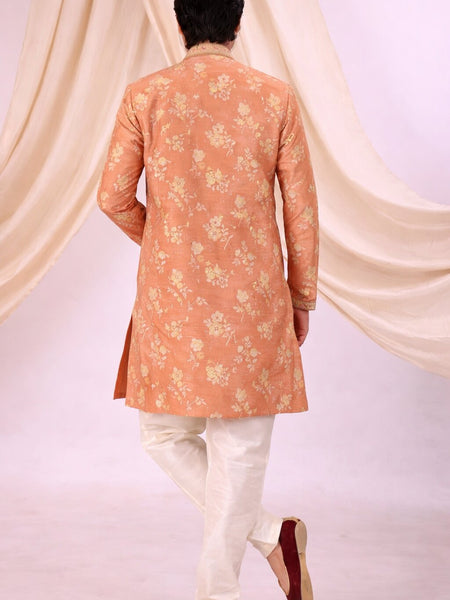 Peach Silk Blend Sherwani Set with White Pyjama for Men - DBMS1059