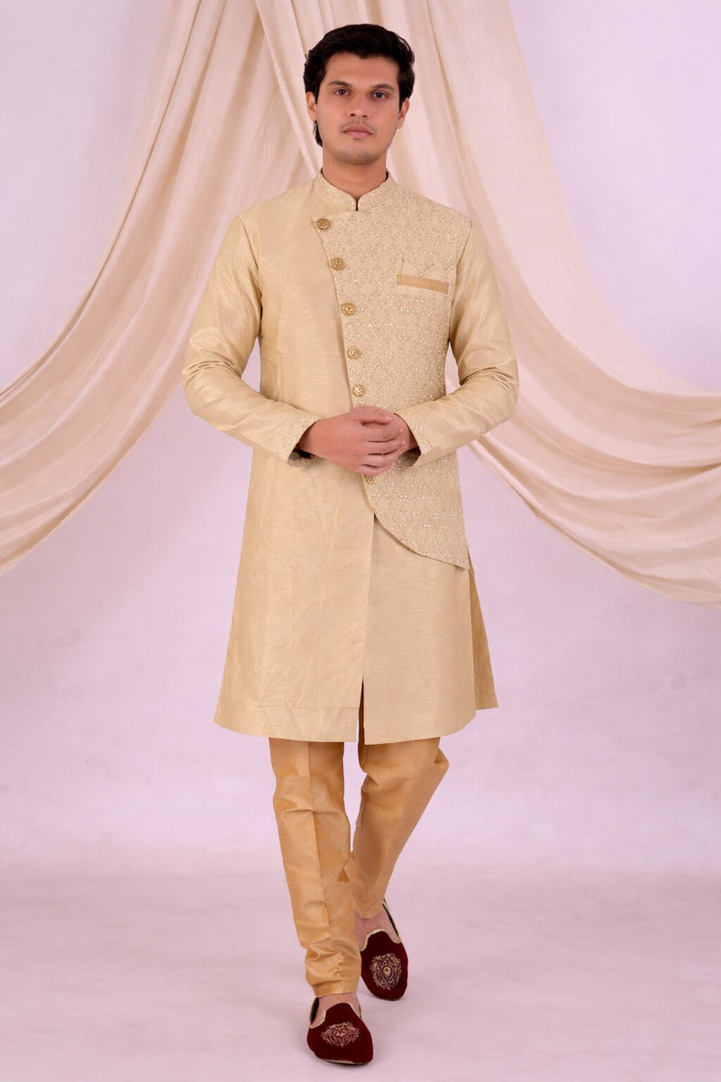 Beige Silk Blend Sherwani Set with White Pyjama for Men - DBMS1070