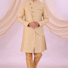 Beige Silk Blend Sherwani Set with White Pyjama for Men - DBMS1070