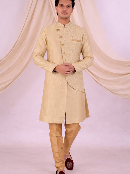 Beige Silk Blend Sherwani Set with White Pyjama for Men - DBMS1070