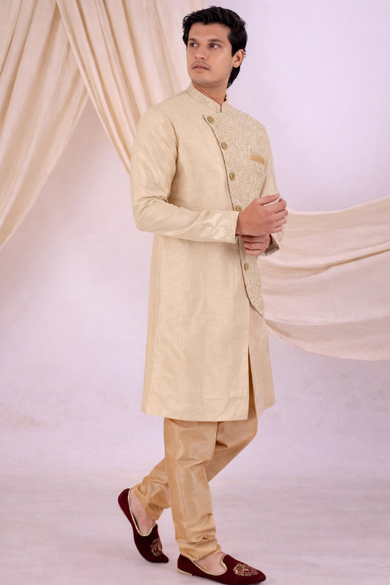 Beige Silk Blend Sherwani Set with White Pyjama for Men - DBMS1070