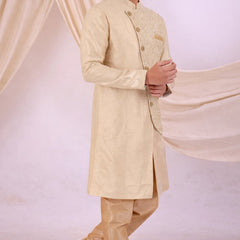 Beige Silk Blend Sherwani Set with White Pyjama for Men - DBMS1070