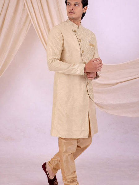 Beige Silk Blend Sherwani Set with White Pyjama for Men - DBMS1070