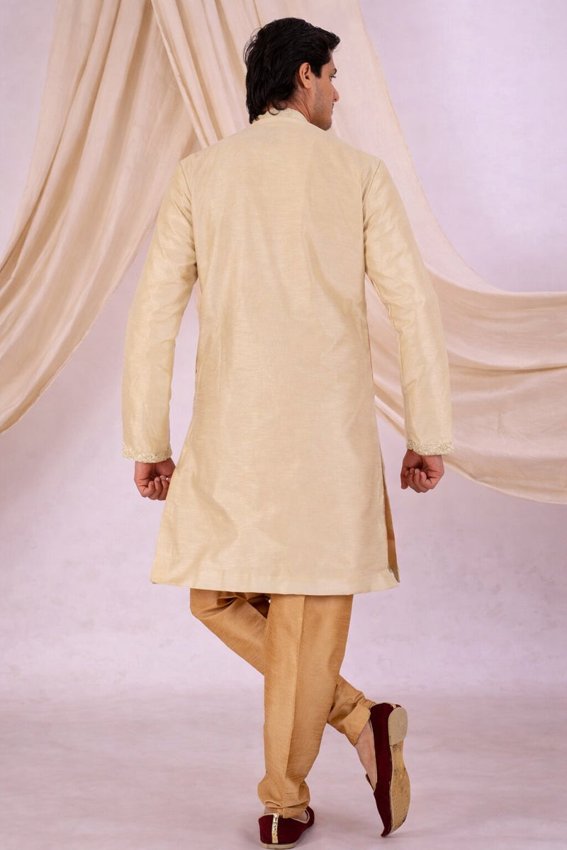 Beige Silk Blend Sherwani Set with White Pyjama for Men - DBMS1070