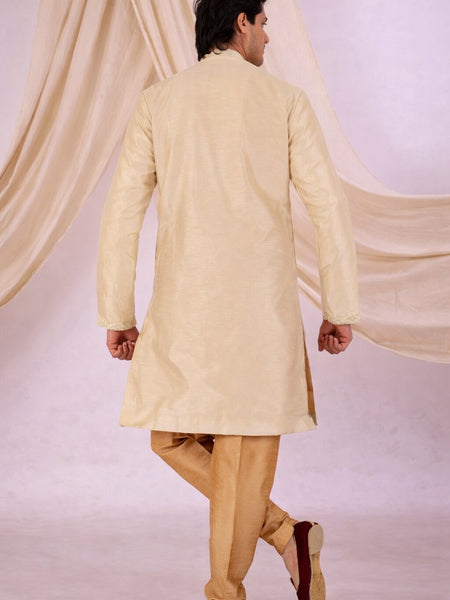 Beige Silk Blend Sherwani Set with White Pyjama for Men - DBMS1070