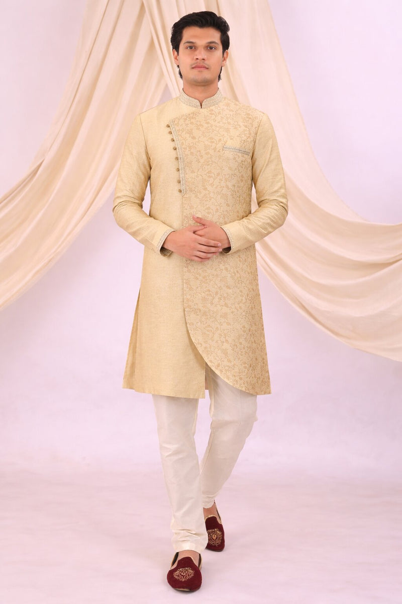 Beige Silk Blend Sherwani Set with White Pyjama for Men - DBMS1074