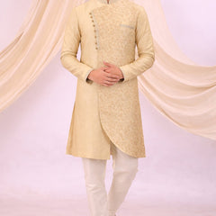 Beige Silk Blend Sherwani Set with White Pyjama for Men - DBMS1074