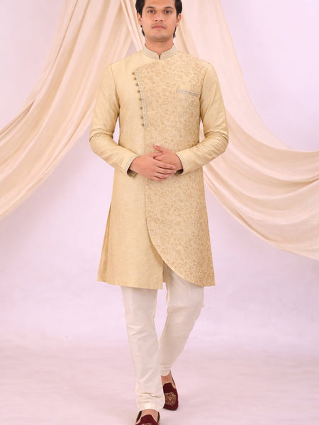 Beige Silk Blend Sherwani Set with White Pyjama for Men - DBMS1074