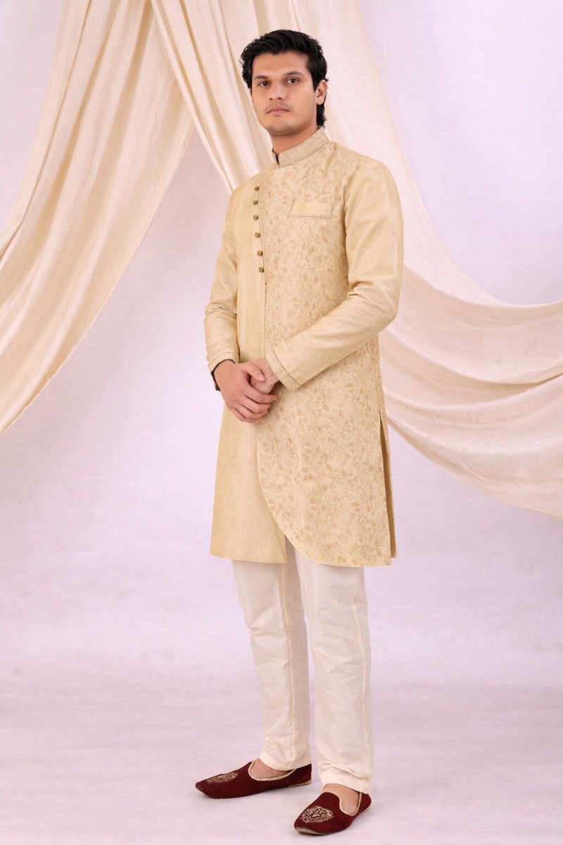 Beige Silk Blend Sherwani Set with White Pyjama for Men - DBMS1074