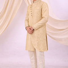 Beige Silk Blend Sherwani Set with White Pyjama for Men - DBMS1074