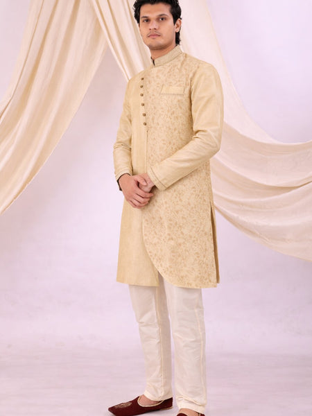 Beige Silk Blend Sherwani Set with White Pyjama for Men - DBMS1074