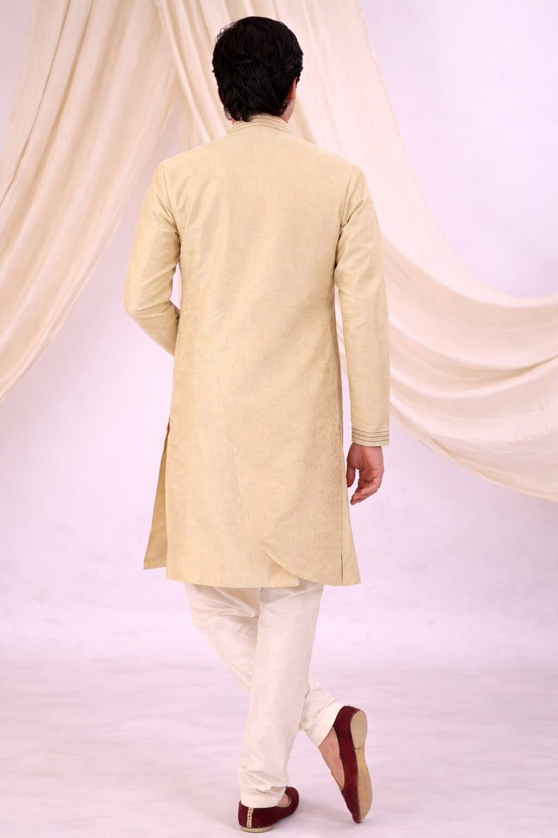 Beige Silk Blend Sherwani Set with White Pyjama for Men - DBMS1074