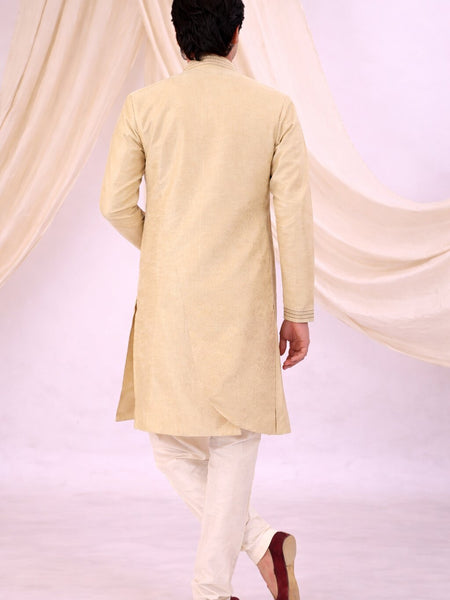 Beige Silk Blend Sherwani Set with White Pyjama for Men - DBMS1074