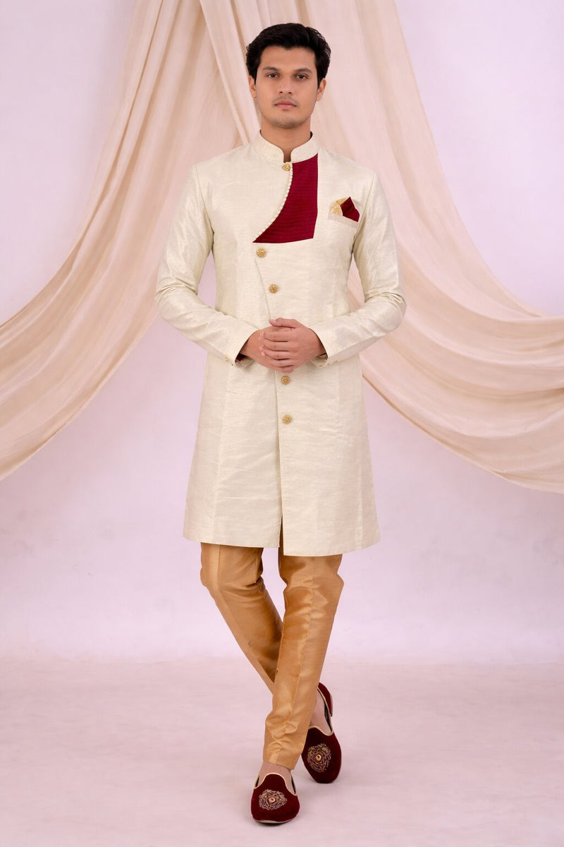 Beige Silk Blend Sherwani Set with White Pyjama for Men - DBMS1076