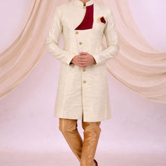 Beige Silk Blend Sherwani Set with White Pyjama for Men - DBMS1076