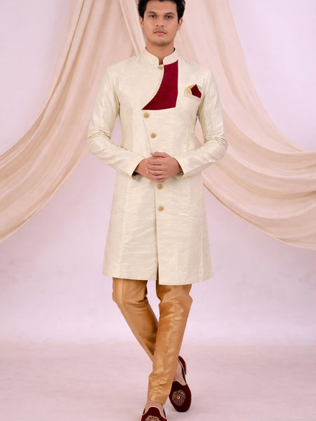 Beige Silk Blend Sherwani Set with White Pyjama for Men - DBMS1076