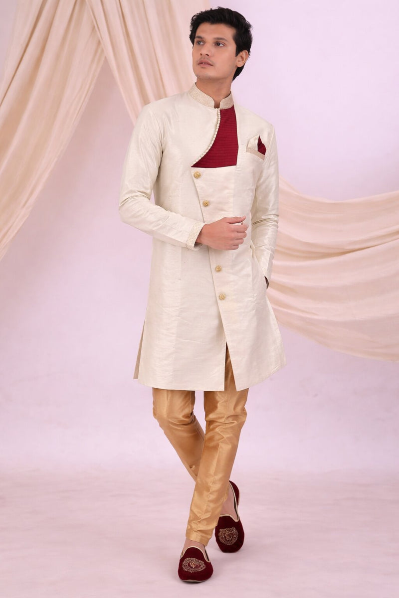 Beige Silk Blend Sherwani Set with White Pyjama for Men - DBMS1076