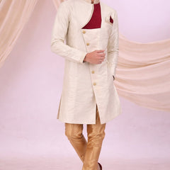 Beige Silk Blend Sherwani Set with White Pyjama for Men - DBMS1076