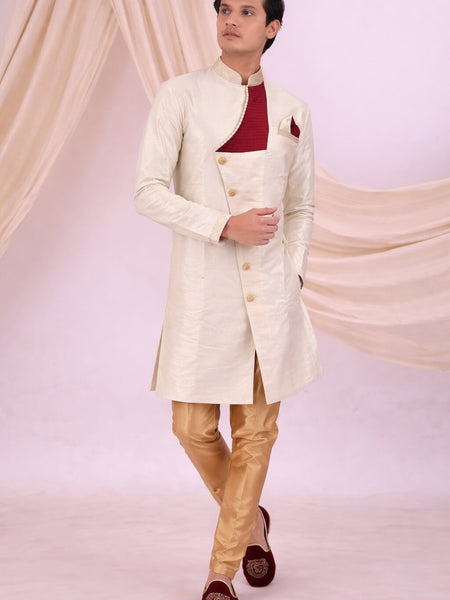 Beige Silk Blend Sherwani Set with White Pyjama for Men - DBMS1076