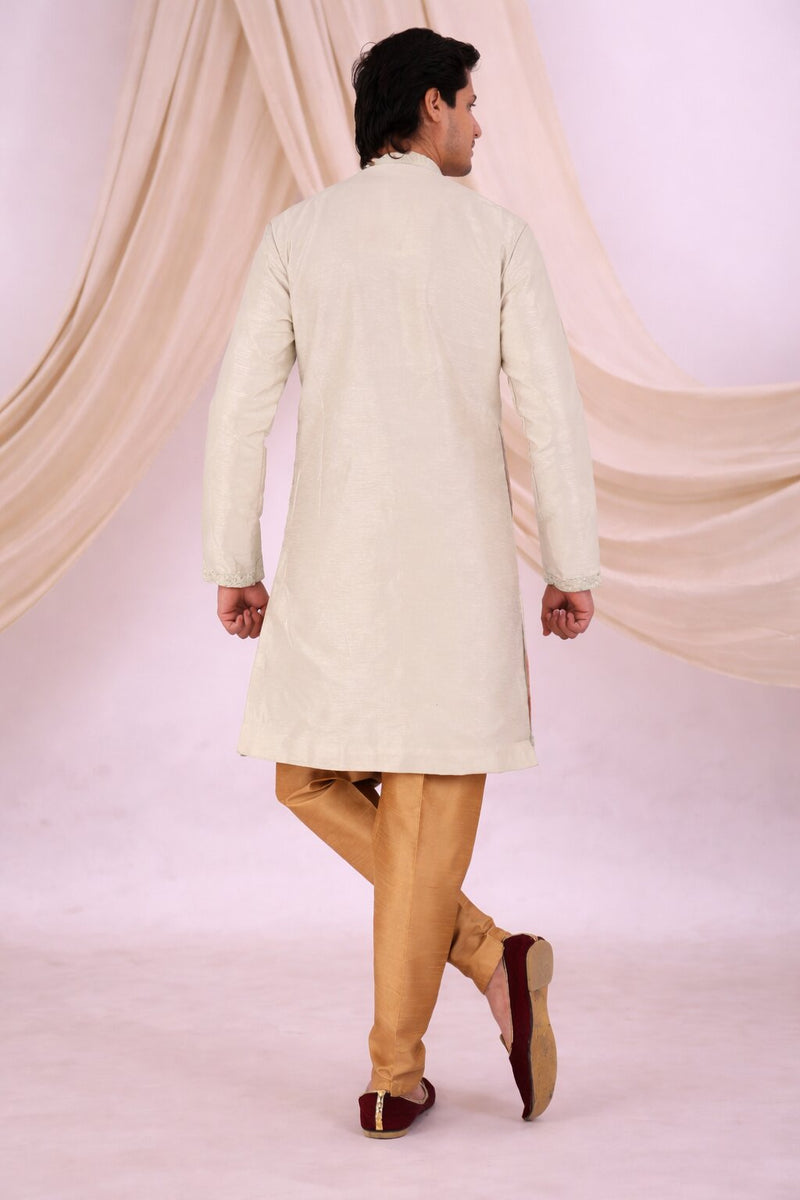 Beige Silk Blend Sherwani Set with White Pyjama for Men - DBMS1076