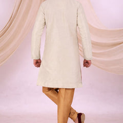 Beige Silk Blend Sherwani Set with White Pyjama for Men - DBMS1076