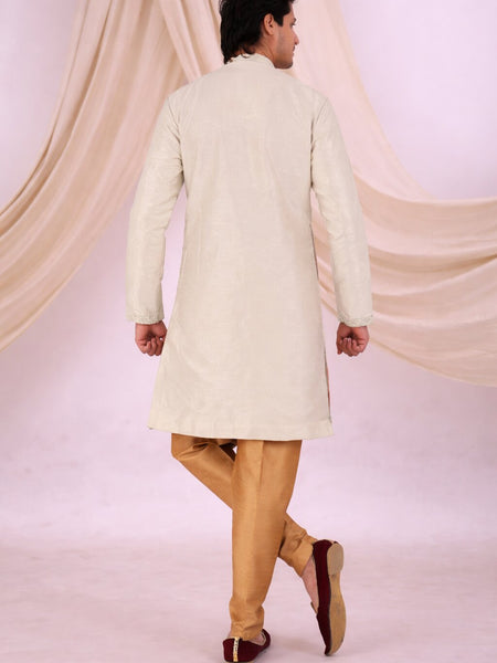 Beige Silk Blend Sherwani Set with White Pyjama for Men - DBMS1076