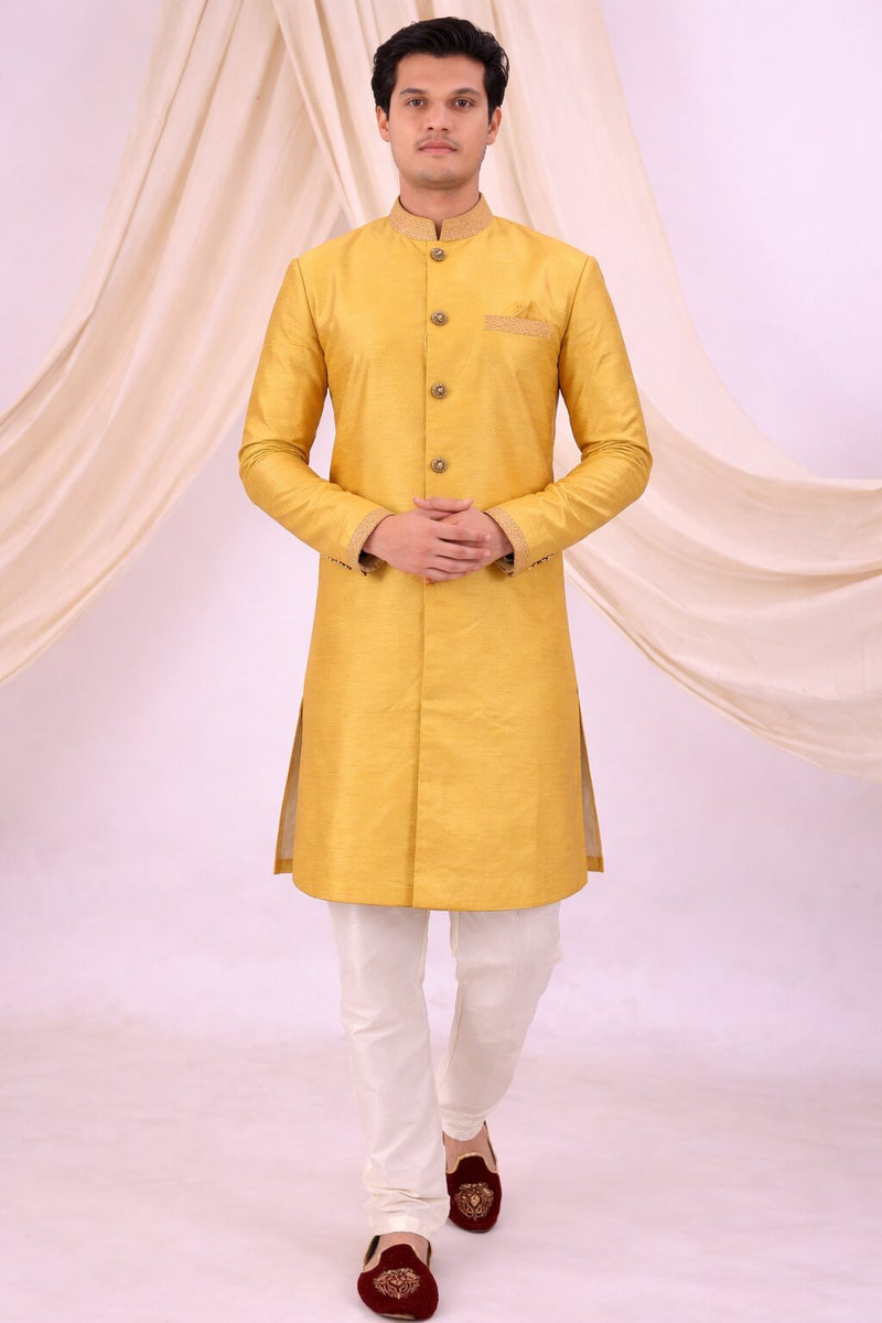 Yellow Silk Blend Sherwani Set with White Pyjama for Men - DBMS1078