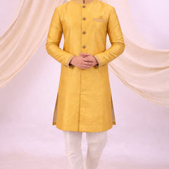 Yellow Silk Blend Sherwani Set with White Pyjama for Men - DBMS1078