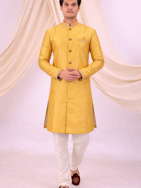 Yellow Silk Blend Sherwani Set with White Pyjama for Men - DBMS1078