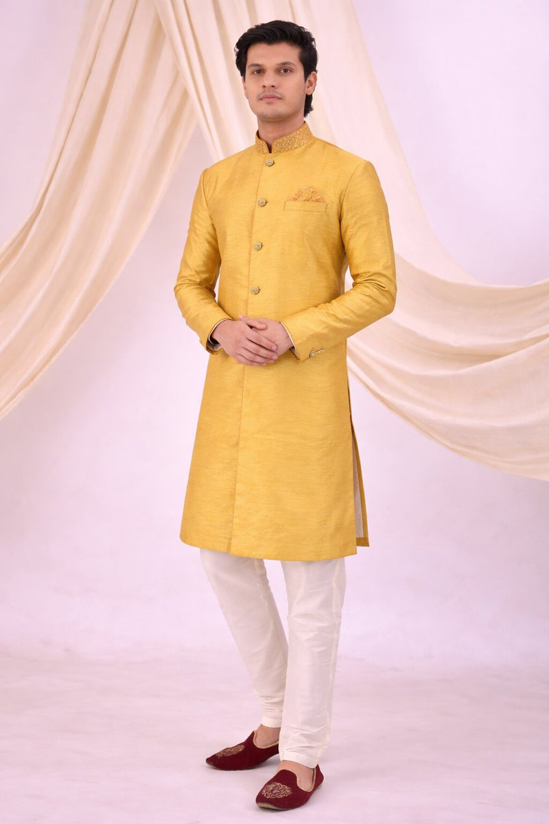 Yellow Silk Blend Sherwani Set with White Pyjama for Men - DBMS1078