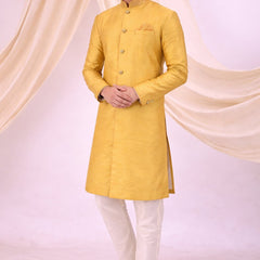 Yellow Silk Blend Sherwani Set with White Pyjama for Men - DBMS1078